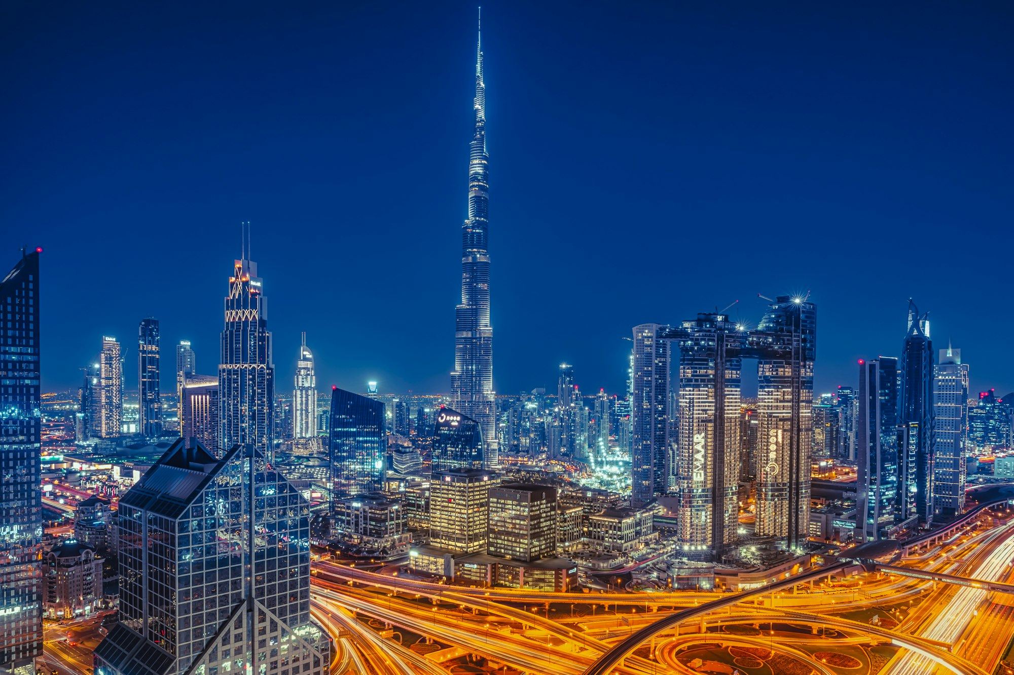 Burj Khalifa and Sheikh Zayed Road at night